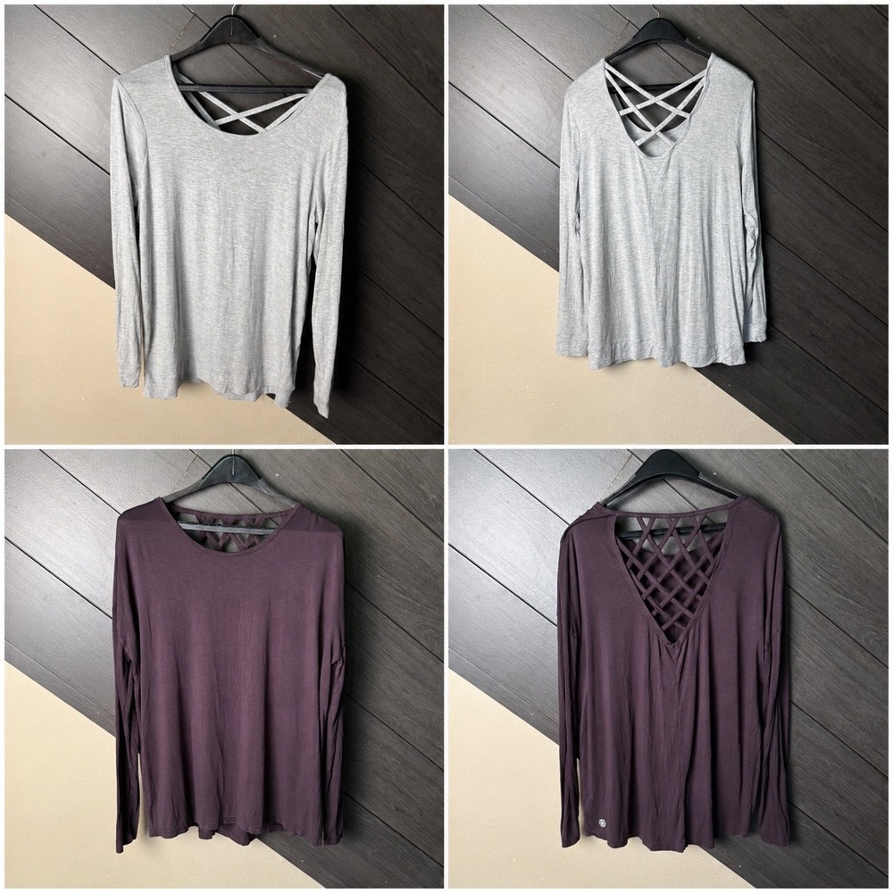 Gaiam Women's Long Sleeve Criss Cross Back Yoga Top Bundle Gray Purple Large